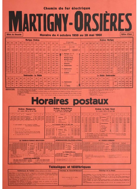 Horaire Martigny - Orsières. 1959.