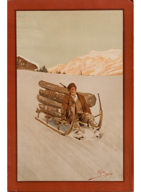 Paysan descendant du bois dans la neige. Carlo Pellegrini. Vers 1900.
